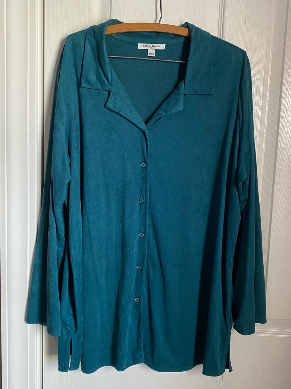 Studio Works Vintage 90s Deep Teal Faux Suede Button Up Blouse Academia 2X Boho